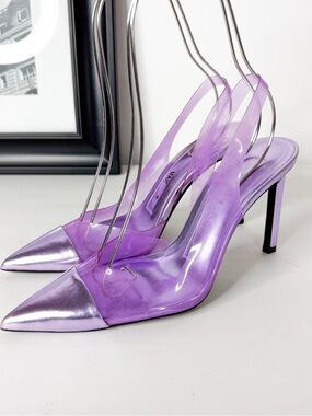 ZARA Purple Clear Slingback Heels Metallic Pointed Toe Stiletto Size 38
